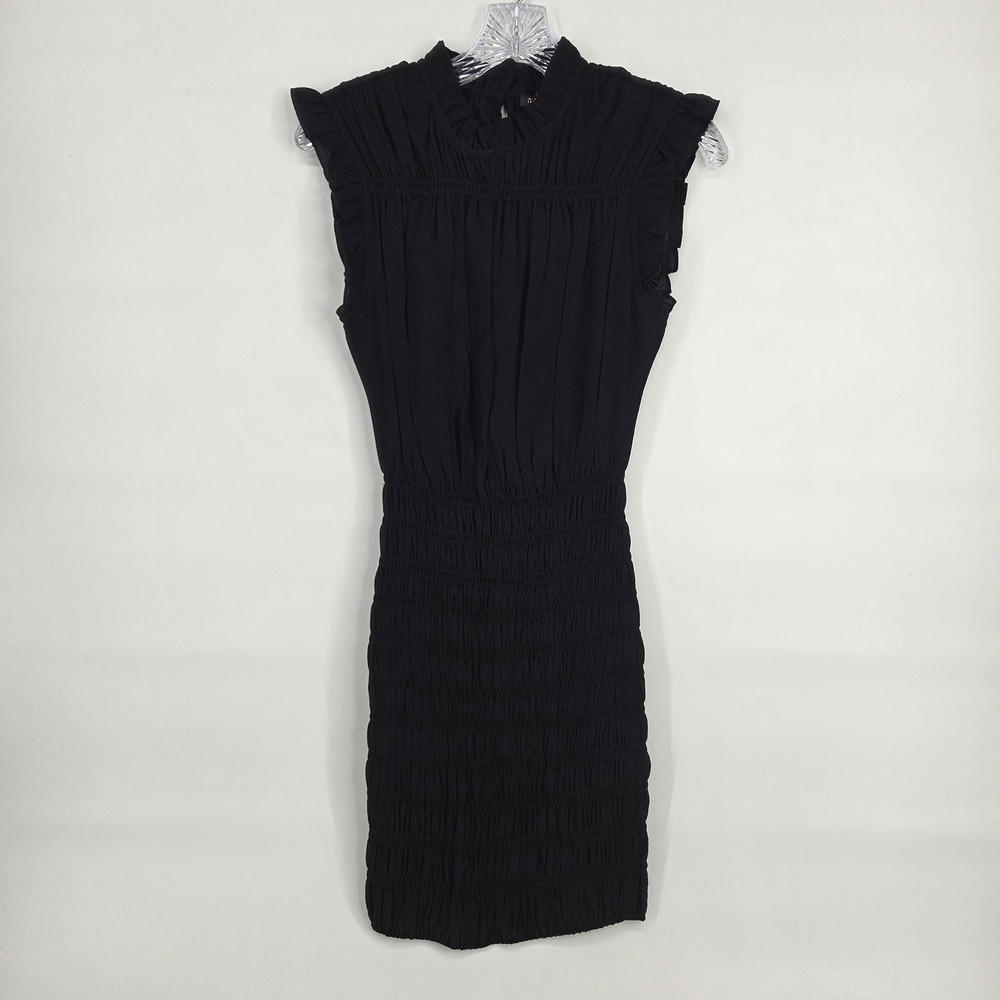 Maje Mini Dress 38 Black Smocked Ruffle High Neck Eclectic Boho Chic MFPRO01411